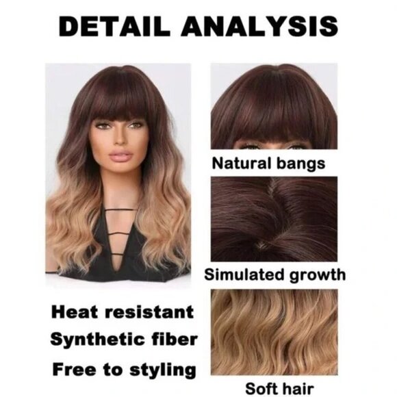 16 In ombre Brown To Honey Blonde wavy Short Wig Realistic Look with bangs - Picture 5 of 9